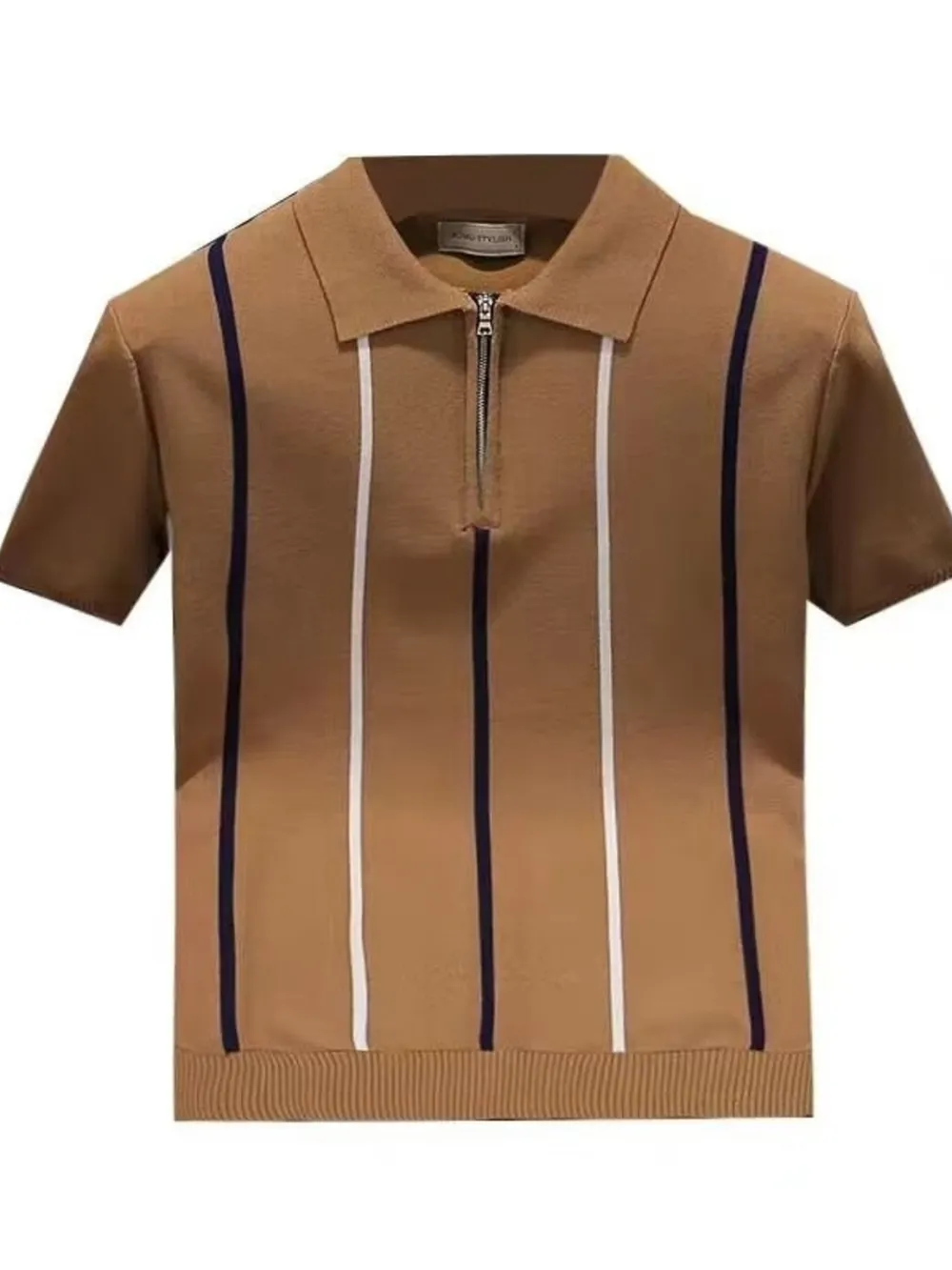Men's Full Size Striped Zip Collar Short Sleeve Knit Polo Shirt Plus Size, image 3