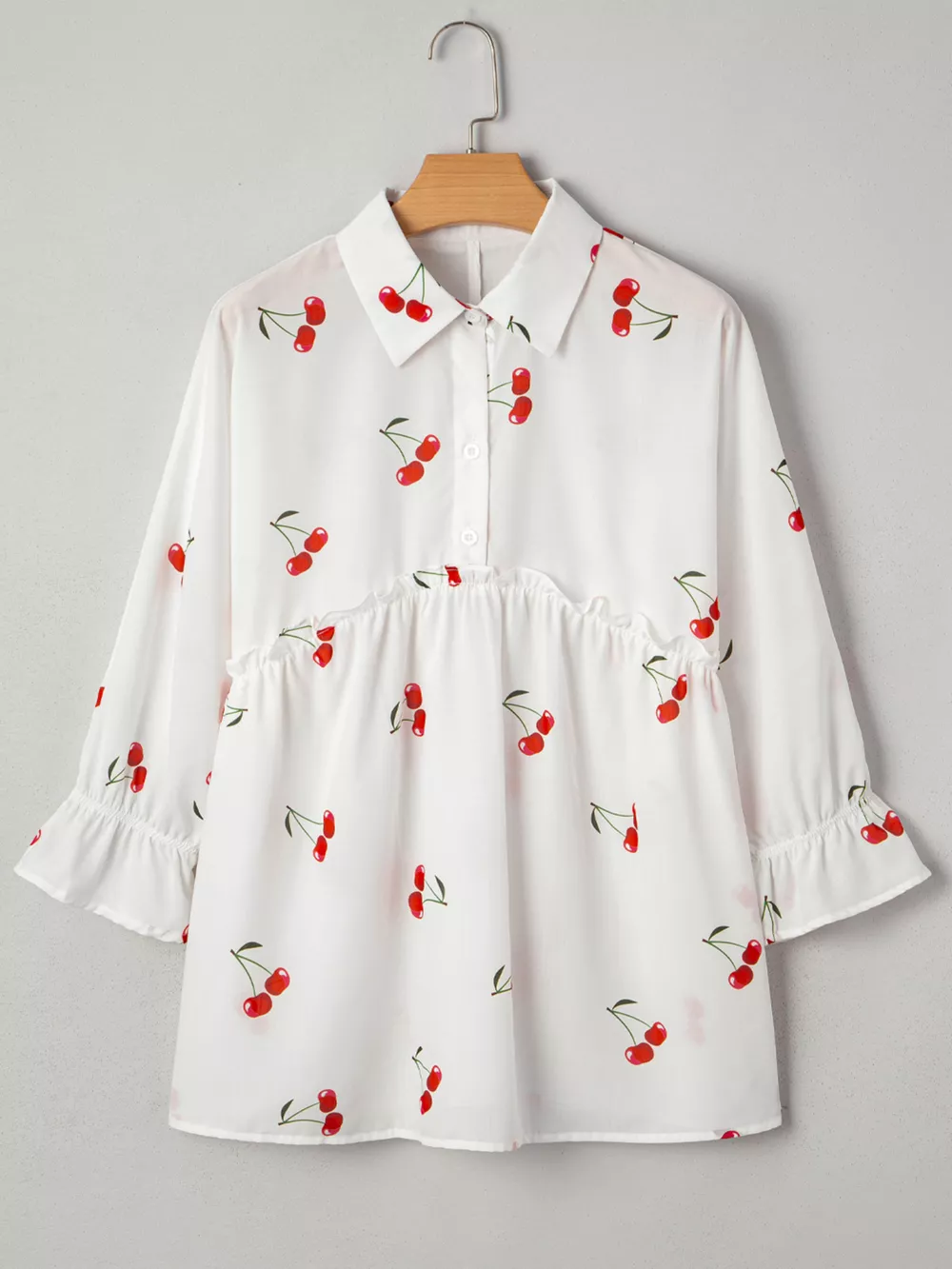 Cherry Print Flounce Sleeve Collared Frilled Babydoll Blouse, image 6