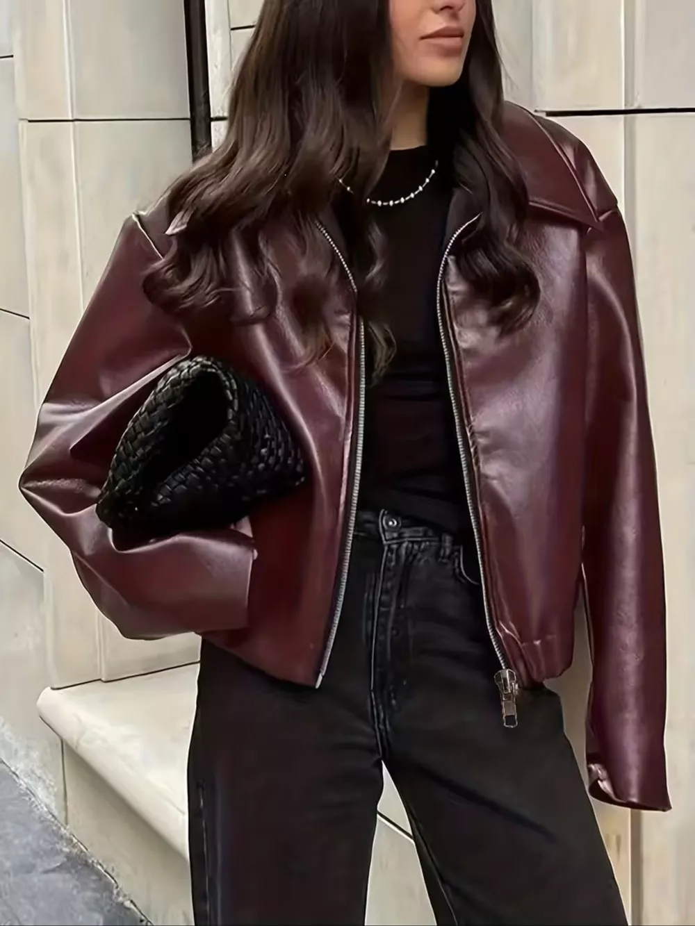 Oversized Faux Leather Zip Up Moto Jacket, image 5