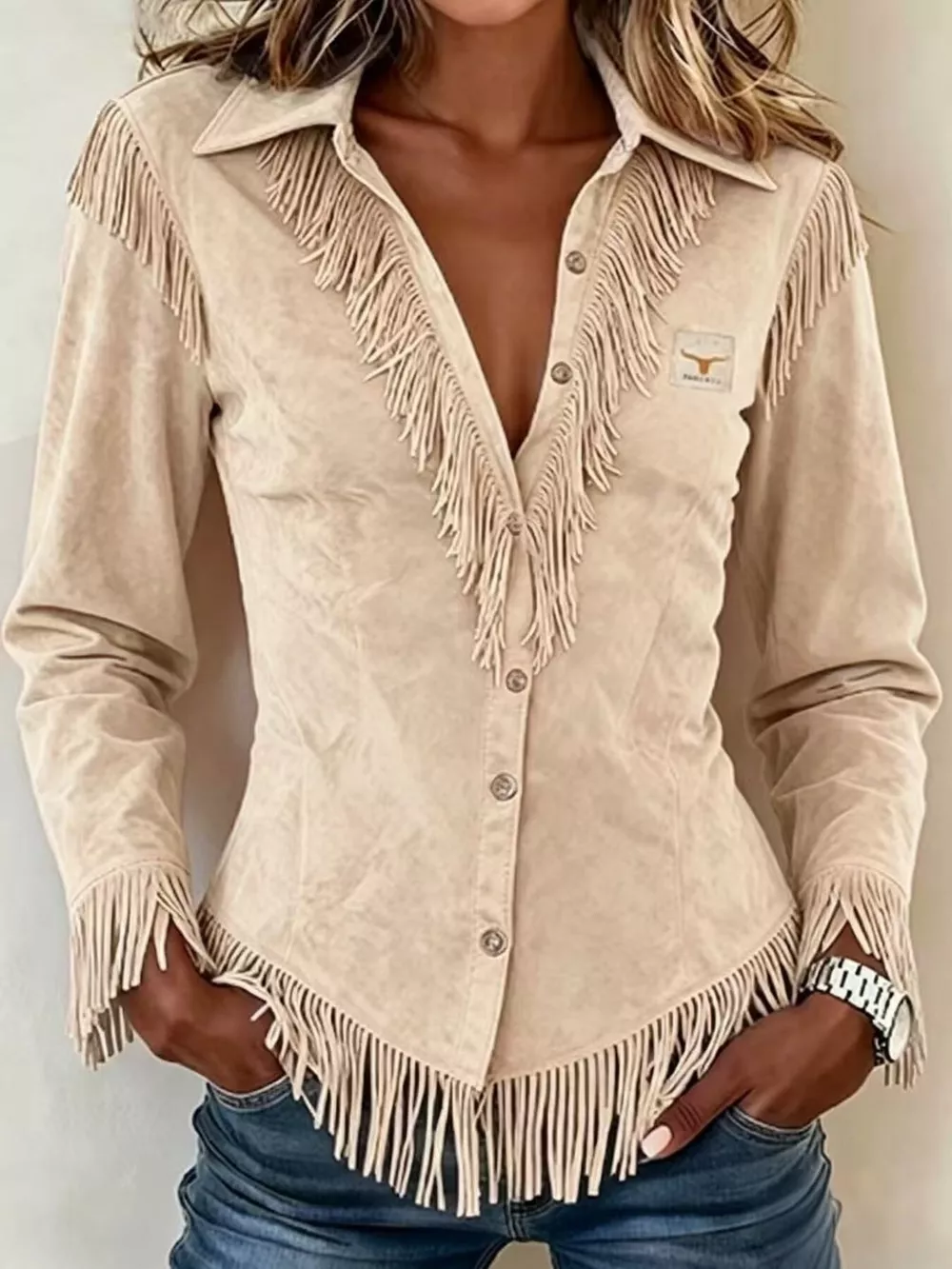 Full Size Fringed Collared Neck Shirt Plus Size, image 2