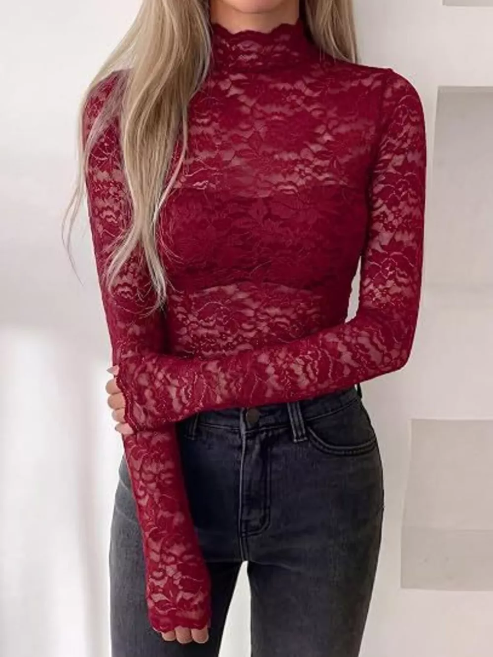 Mock Neck Floral Lace Long Sleeve Blouse, image 9