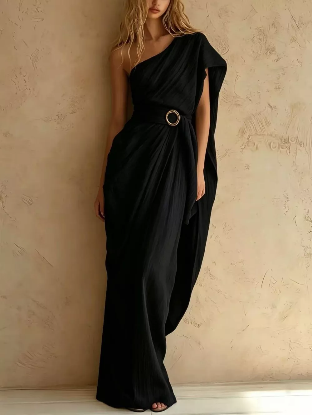 One-Shoulder Draped Maxi Dress with Waist Buckle, image 5