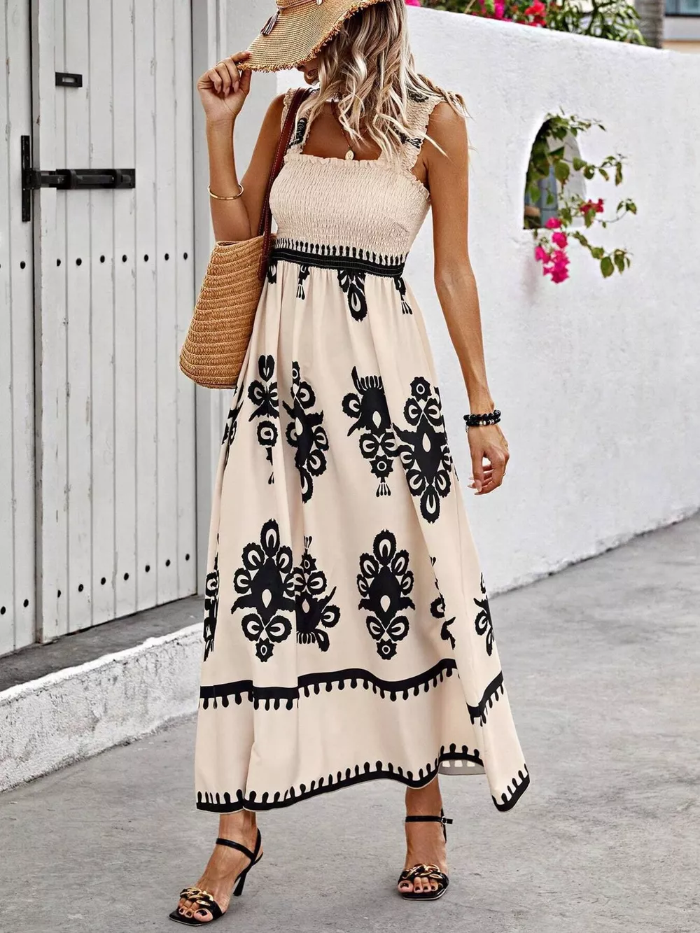 Smocked Printed Square Neck Maxi Dress, image 18