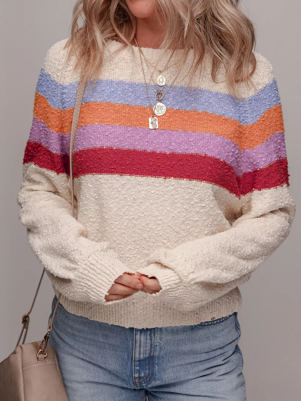 Striped Color Block Loose Sleeve Sweater, image 6