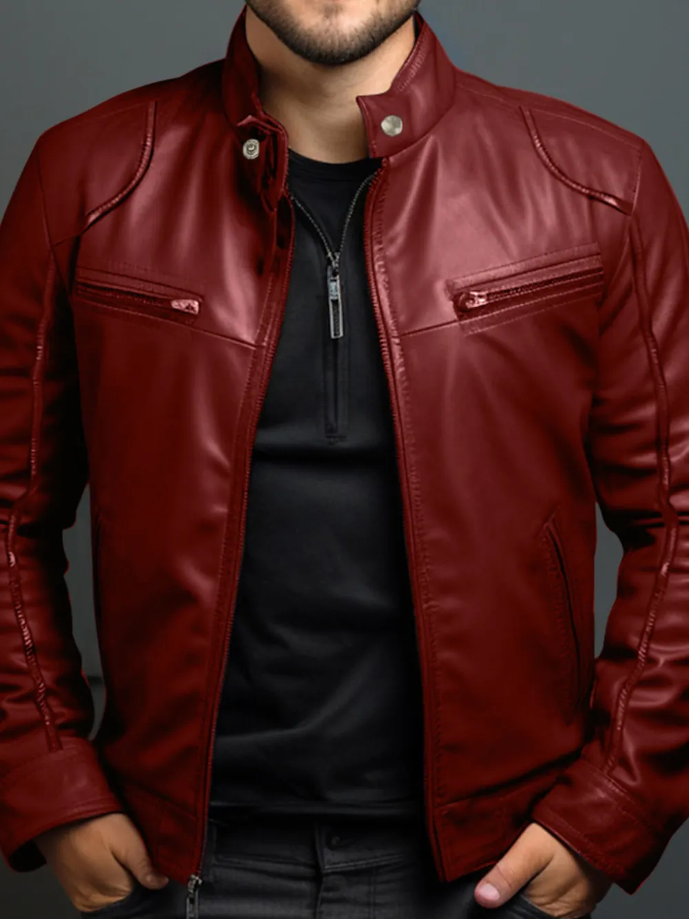 Men's Full Size Leather Motorcycle Jacket with Zipper Front Plus Size, image 3