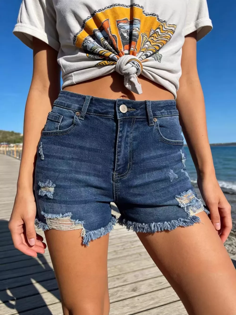 Distressed Frayed Hem Denim Shorts, image 5