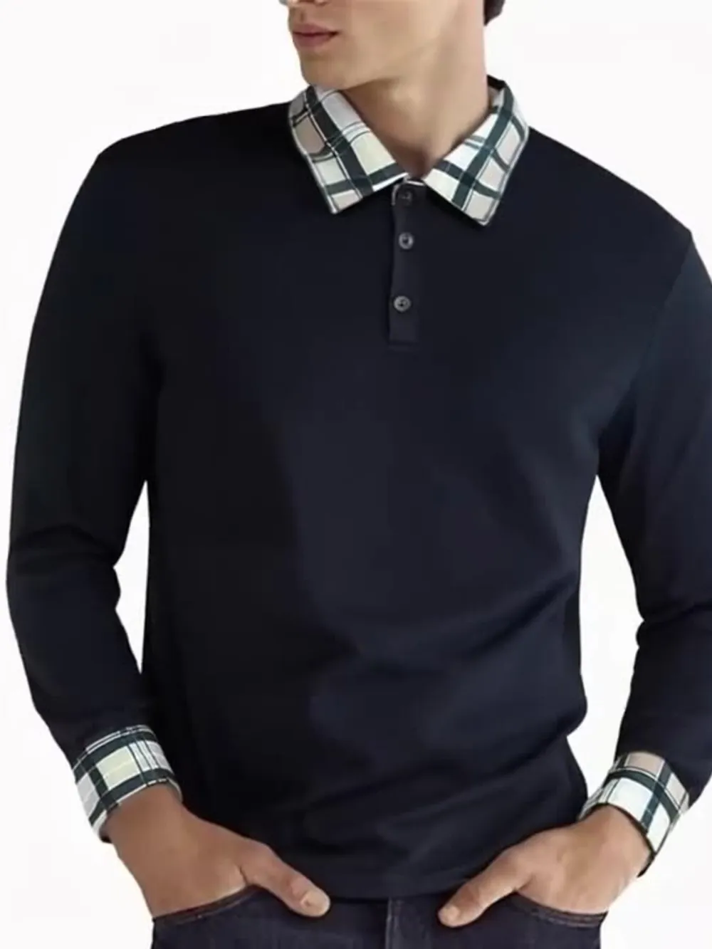 Men's Long Sleeve Plaid Collar Polo Shirt, image 2