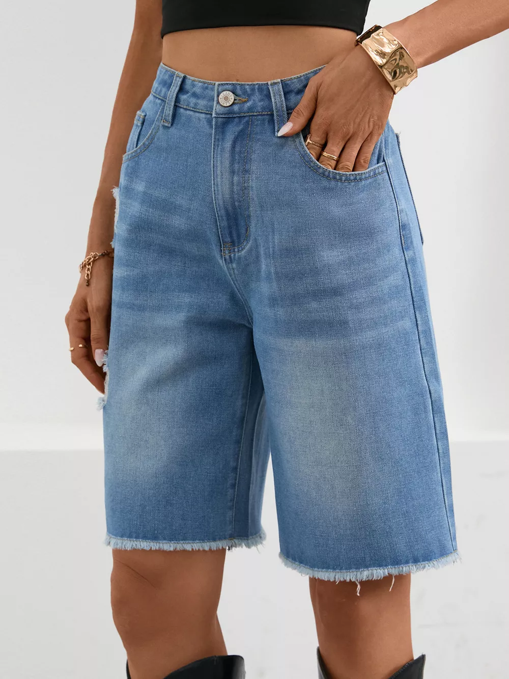 Ripped Frayed Hem Denim Shorts, image 11
