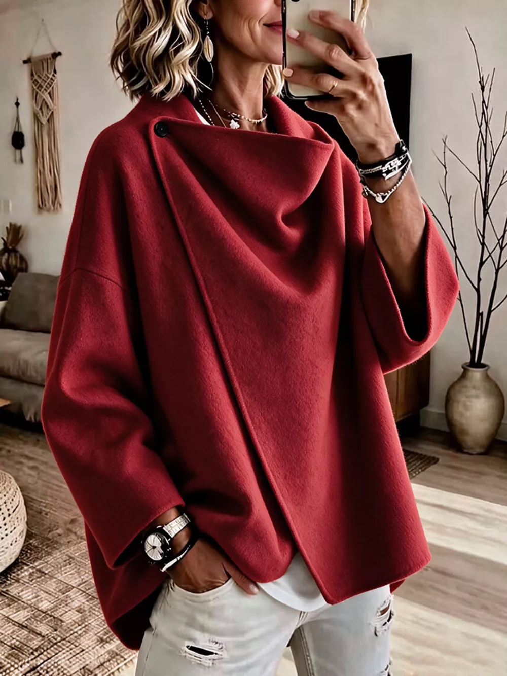 Full Size Asymmetric Button-Up Cape Outerwear Plus Size, image 11