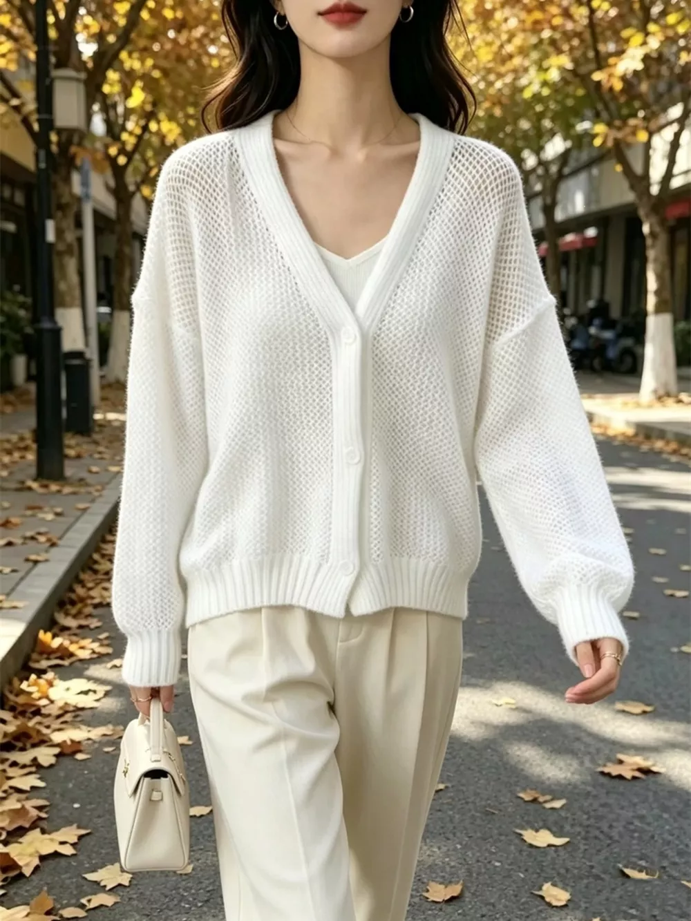 V-Neck Open-Knit Button-Down Cardigan, image 3