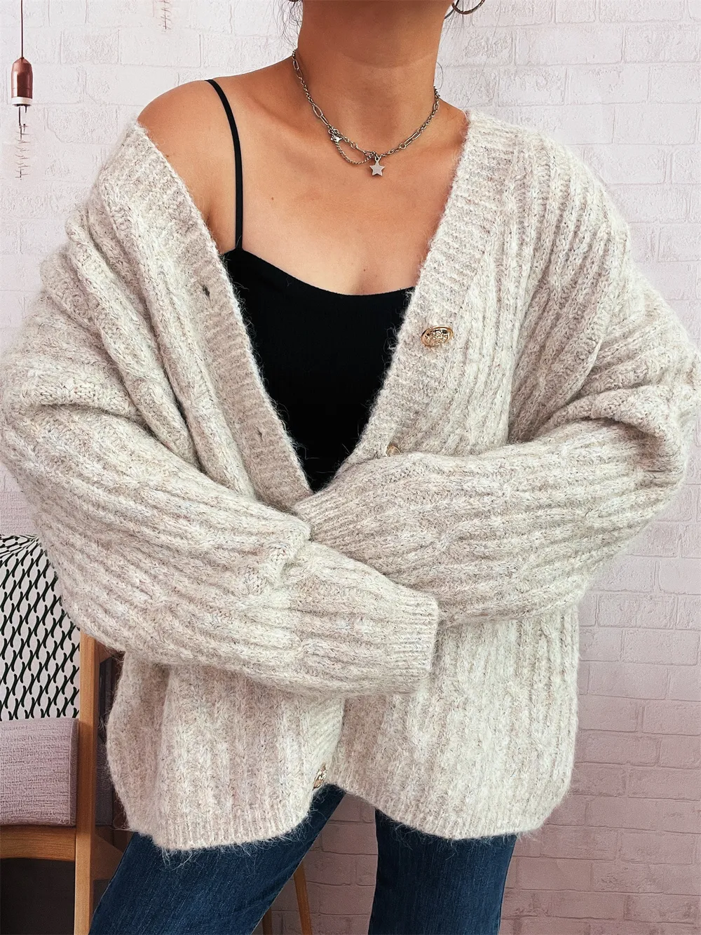 Cable Knit Button-Up Cardigan, image 4