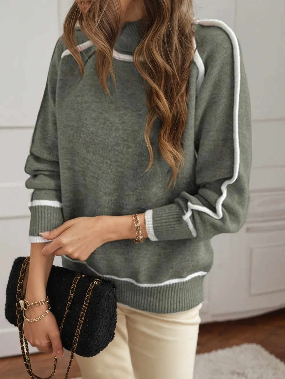 Turtleneck Contrast Trim Sweater with Ribbed Details, image 5