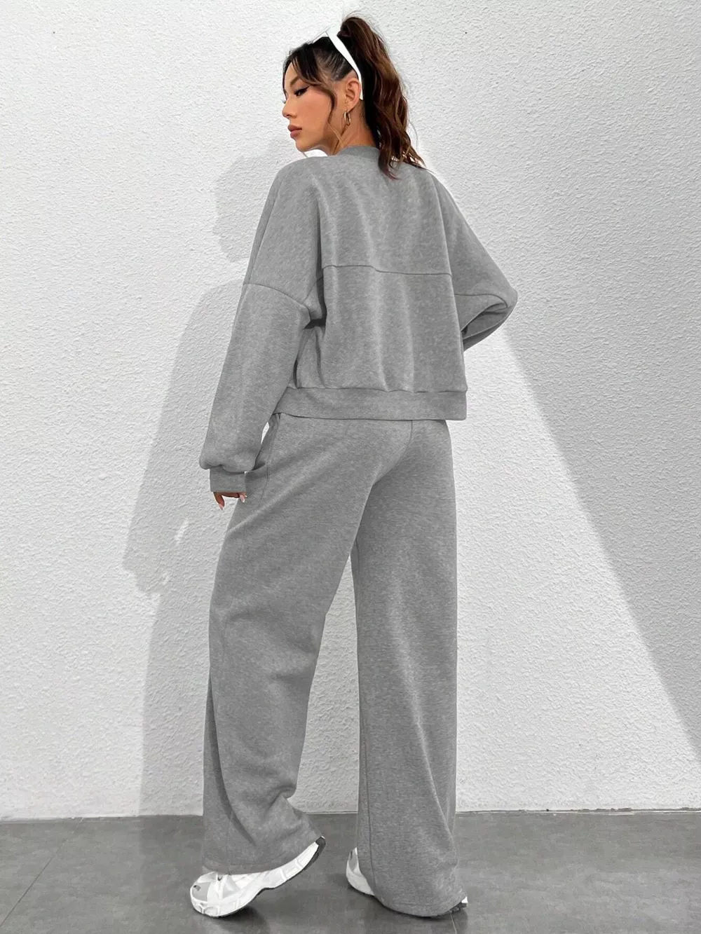 Casual Solid Color Zipper Jacket and Wide Leg Pants Set, image 22