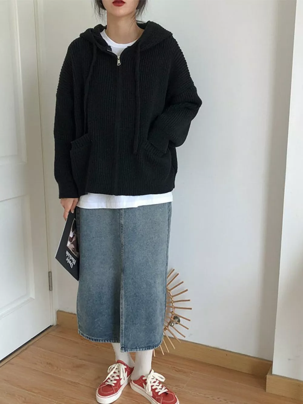 Casual Knitted Zip-Up Hooded Cardigan, image 8