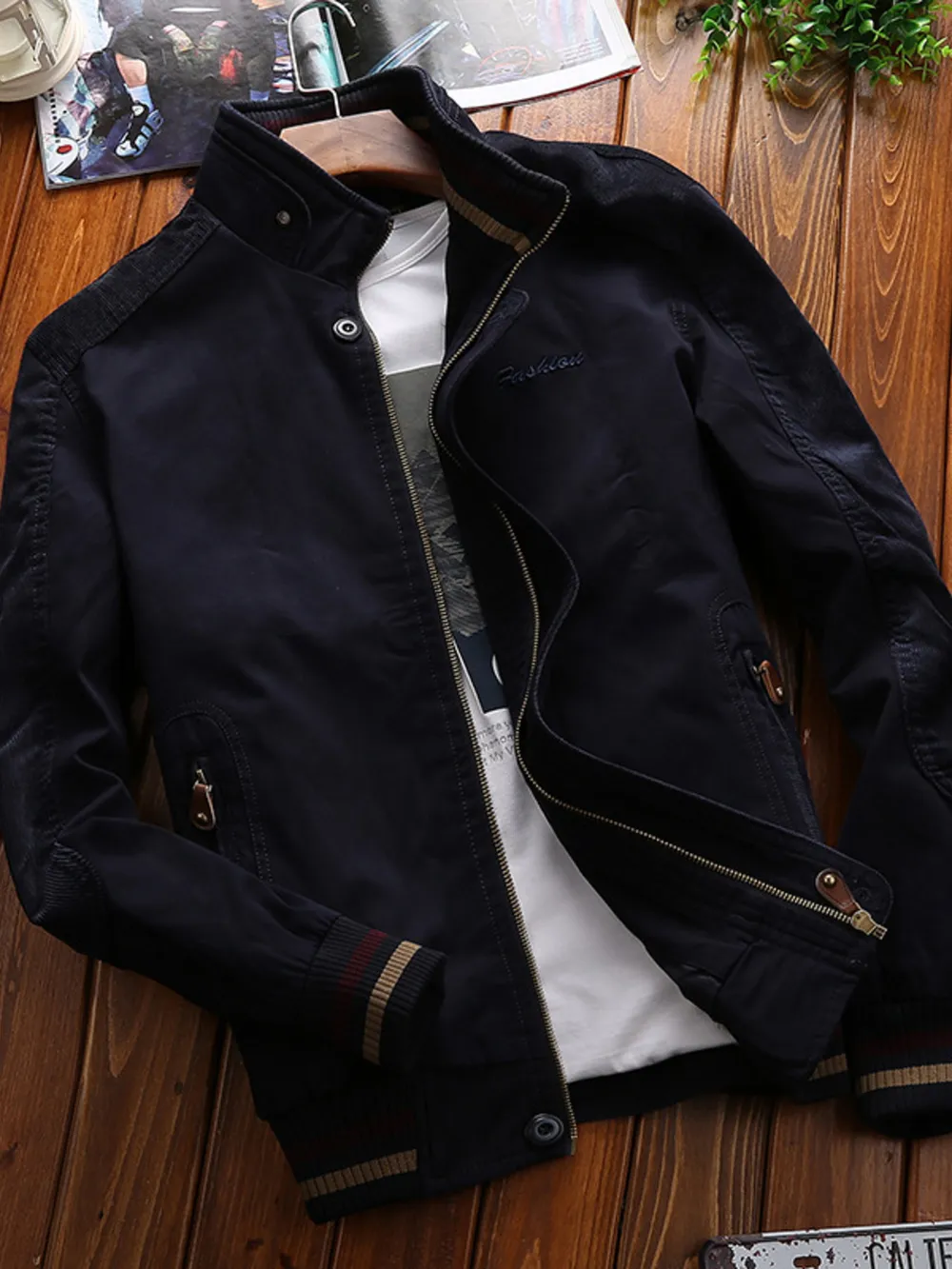 Men's Full Size Bomber Jacket with Ribbed Cuffs and Collar Plus Size, image 3