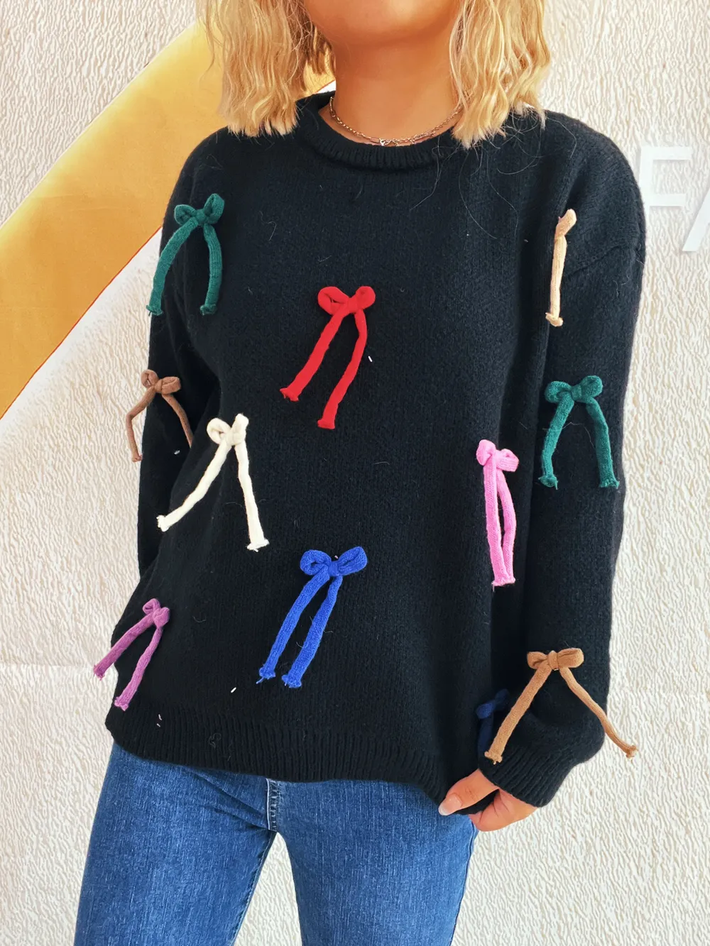 Colorful Bow Round Neck Sweater, image 3