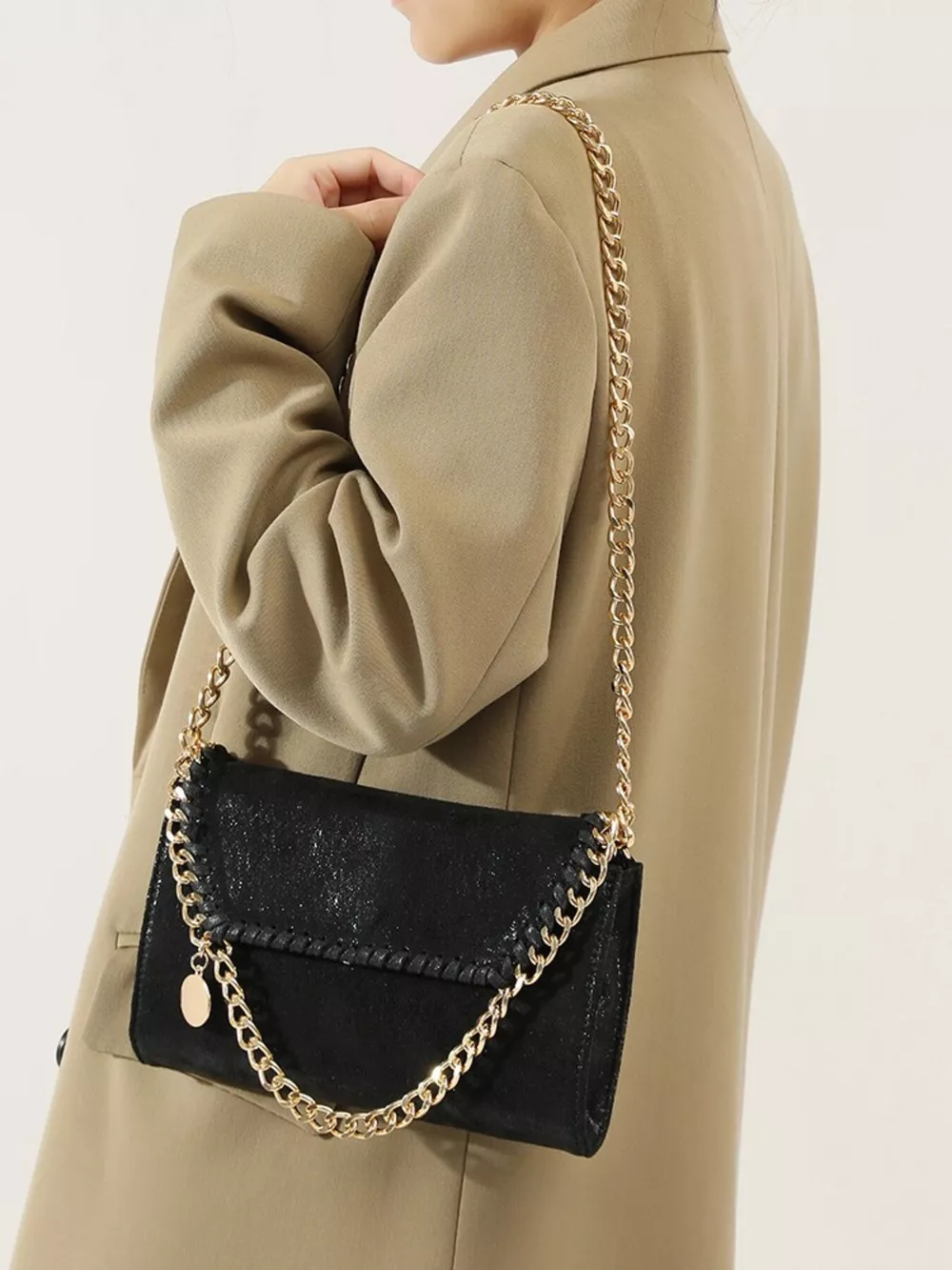 Matte PU Leather Textured Chain-Strap Shoulder Bag
