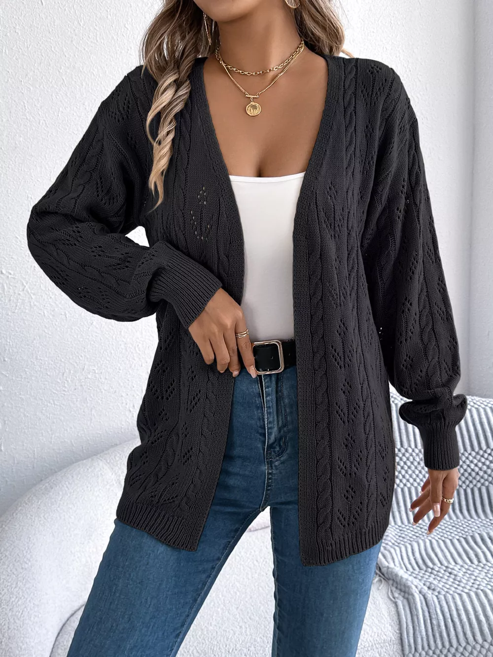 Openwork Open Front Long Sleeve Cardigan, image 13