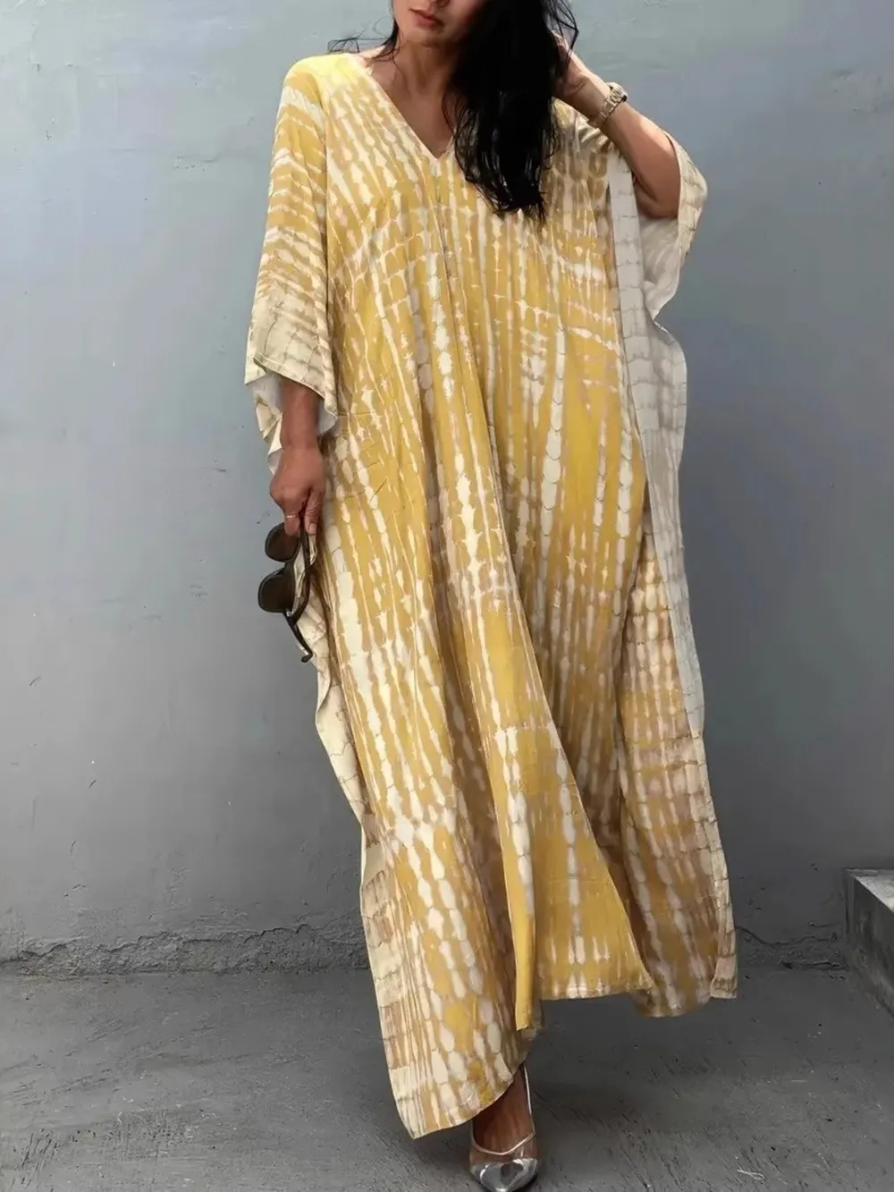 Tie-Dye V-Neck Maxi Dress with Flowy Sleeves, image 7
