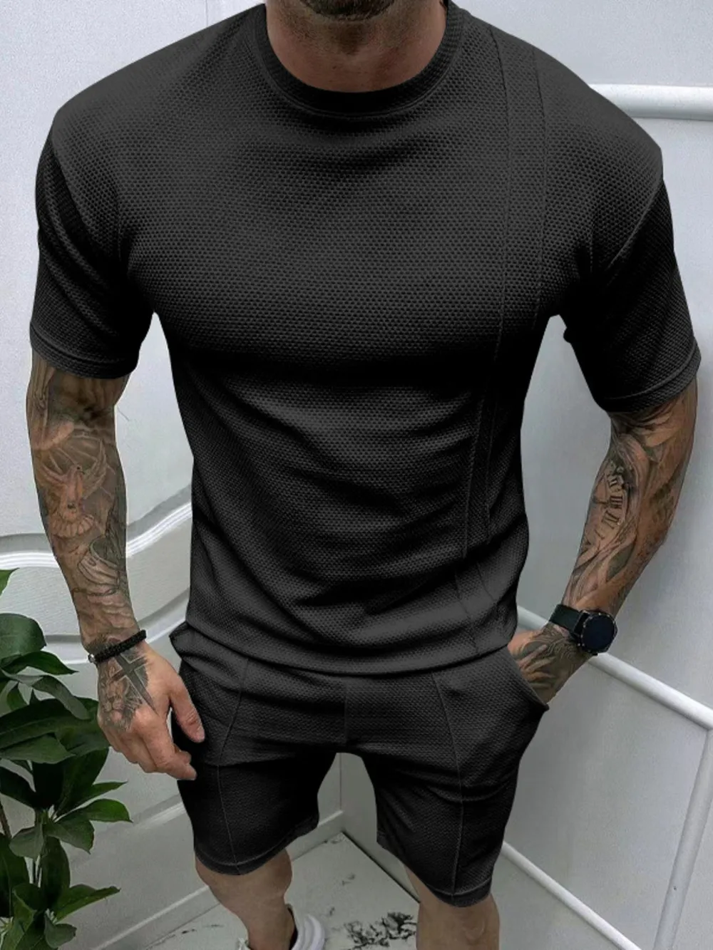 Men's Full Size Round Neck Tee and Shorts Set Plus Size
