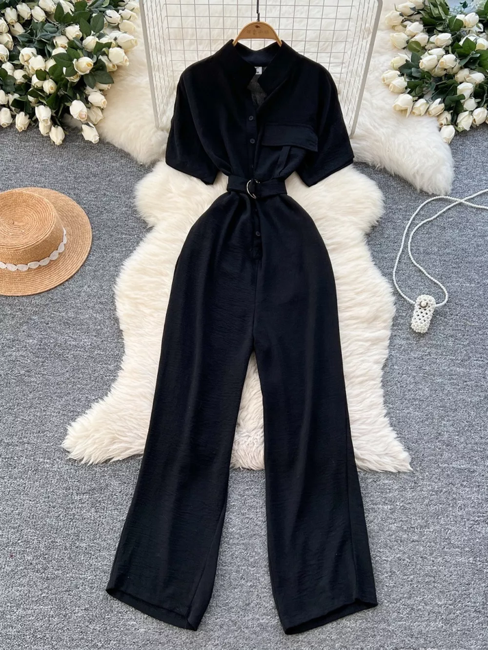 Button Front Wide Leg Jumpsuit