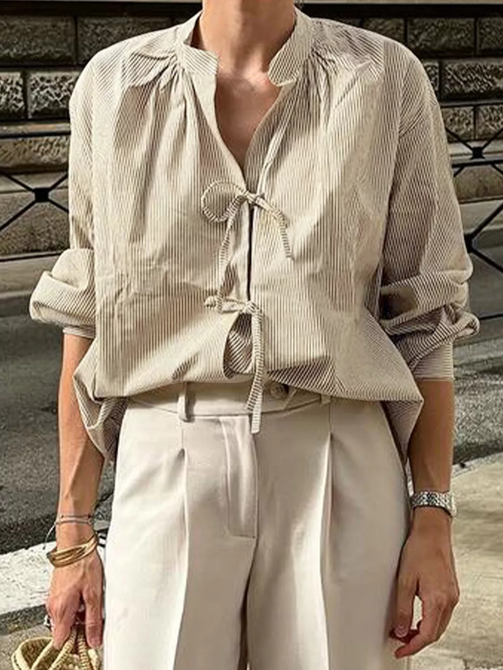 Striped Tie-Front Long Sleeve Shirt, image 4