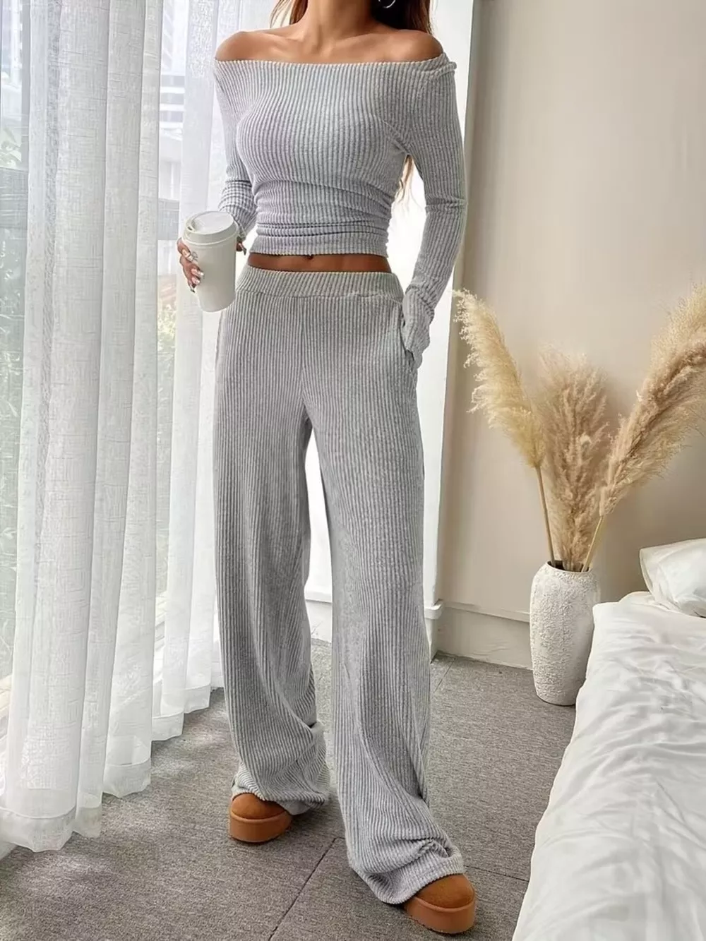 Ribbed Knit Boat Neck Top and Pants Set, image 12