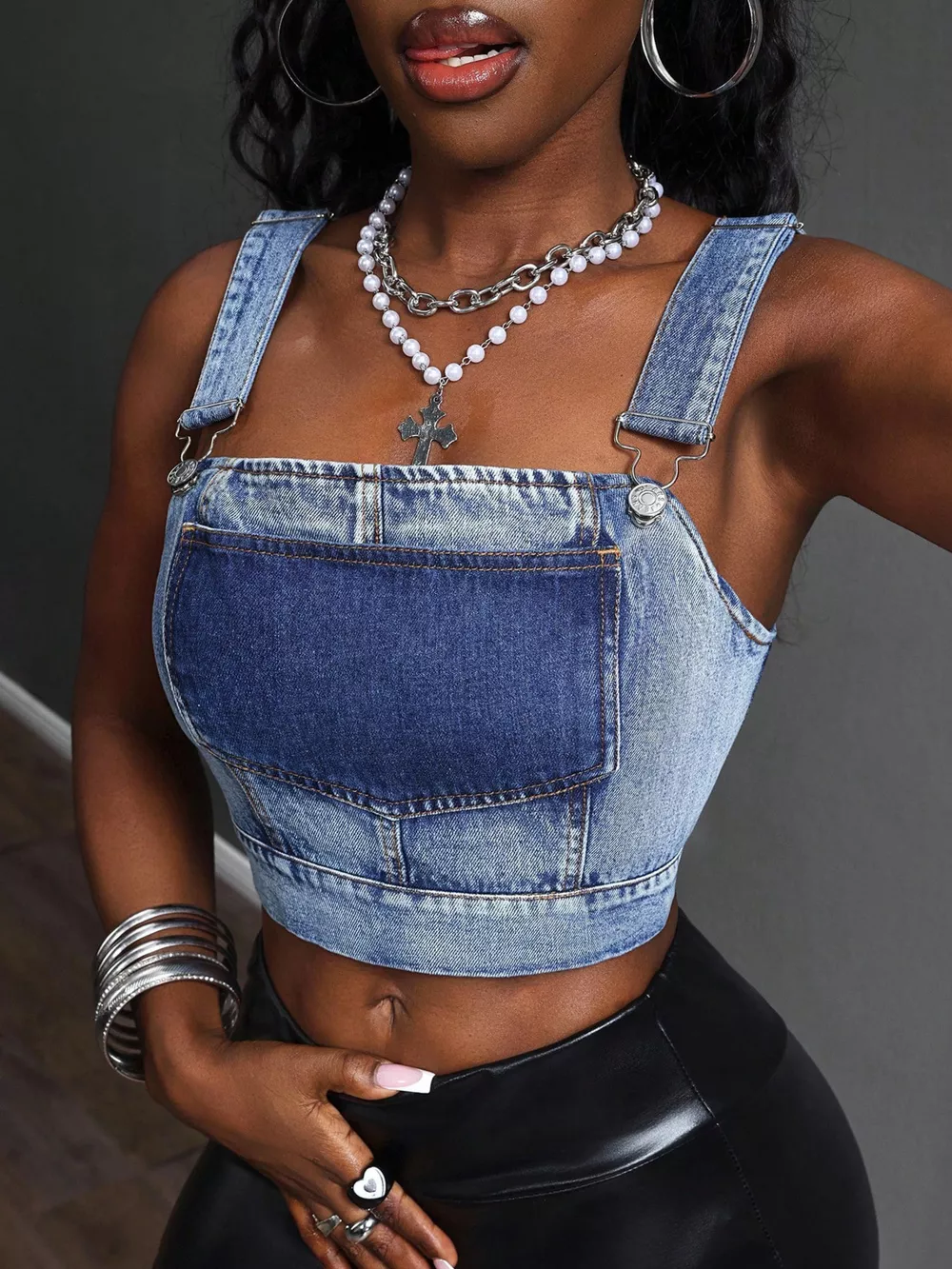 Cropped Denim Top with Adjustable Straps, image 4