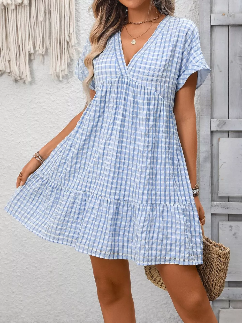 Plaid V-Neck Ruffle Hem Mini Dress, image 2