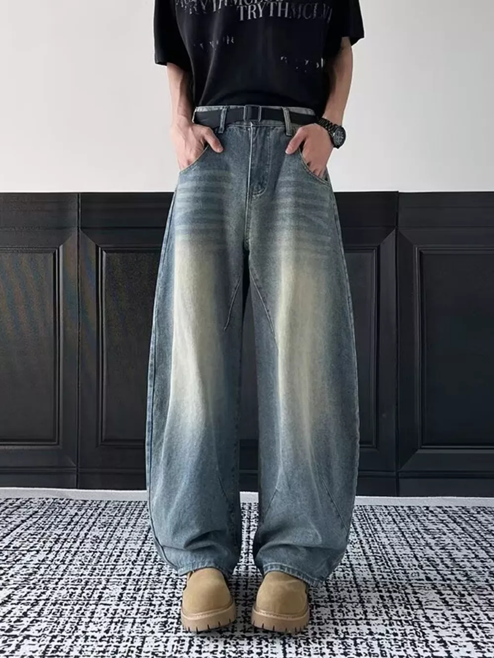Men's Full Size Vintage Wash Wide Leg Jeans Plus Size