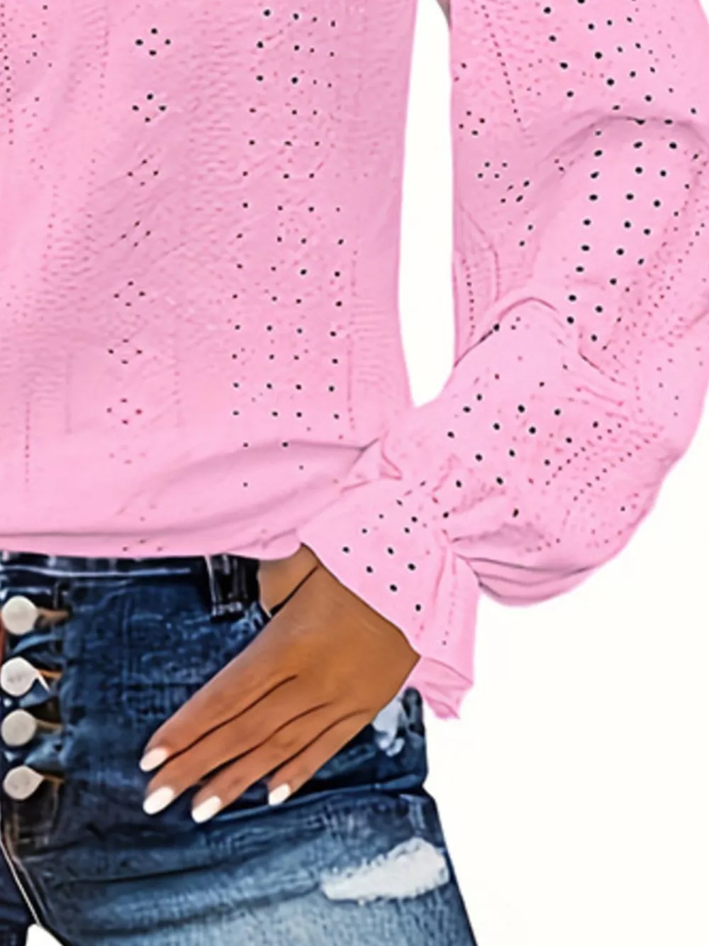 Plus Size Eyelet V-Neck Flounce Sleeve Blouse, image 12