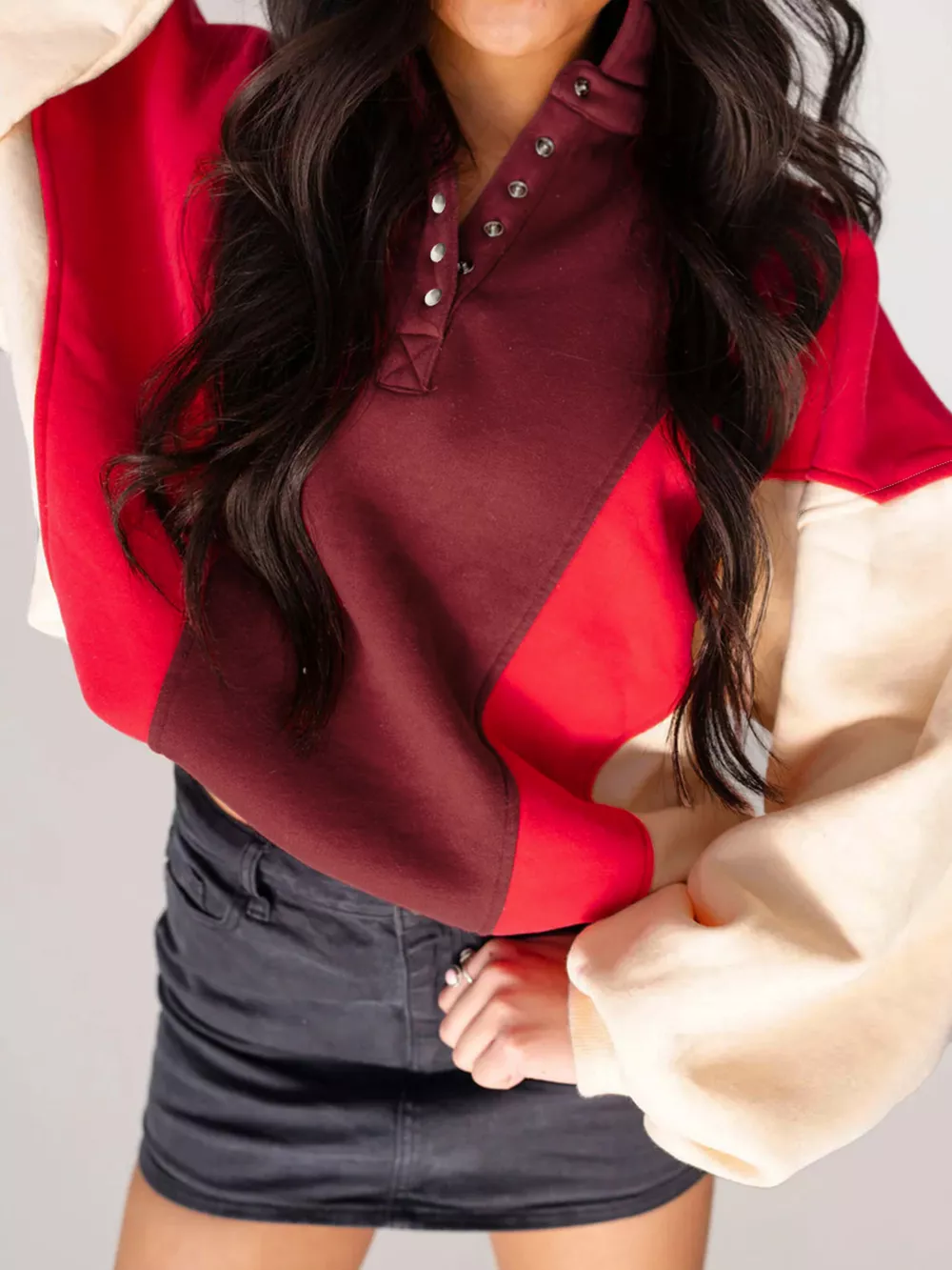 Color Block Patchwork Snap Button Oversize Hoodie