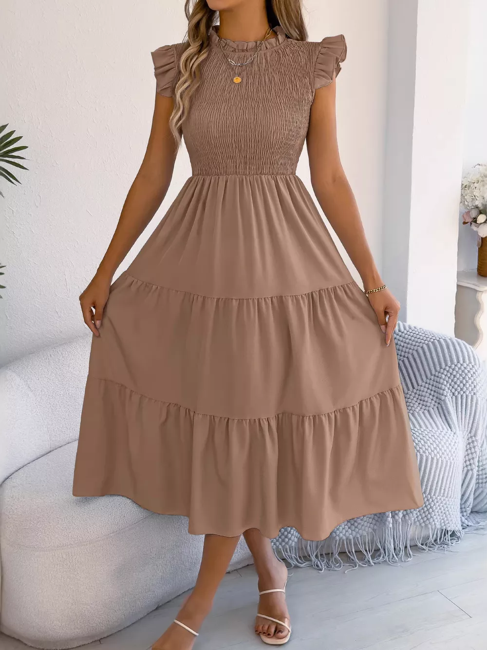Smocked Ruffled Cap Sleeve Dress, image 9