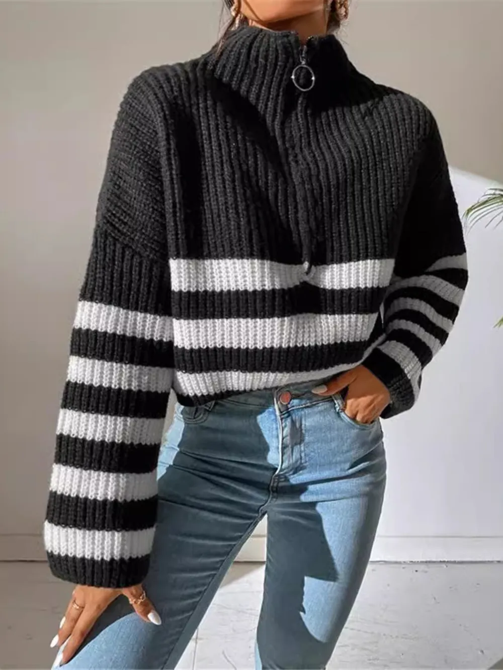 Striped Half Zip Cropped Sweater, image 9