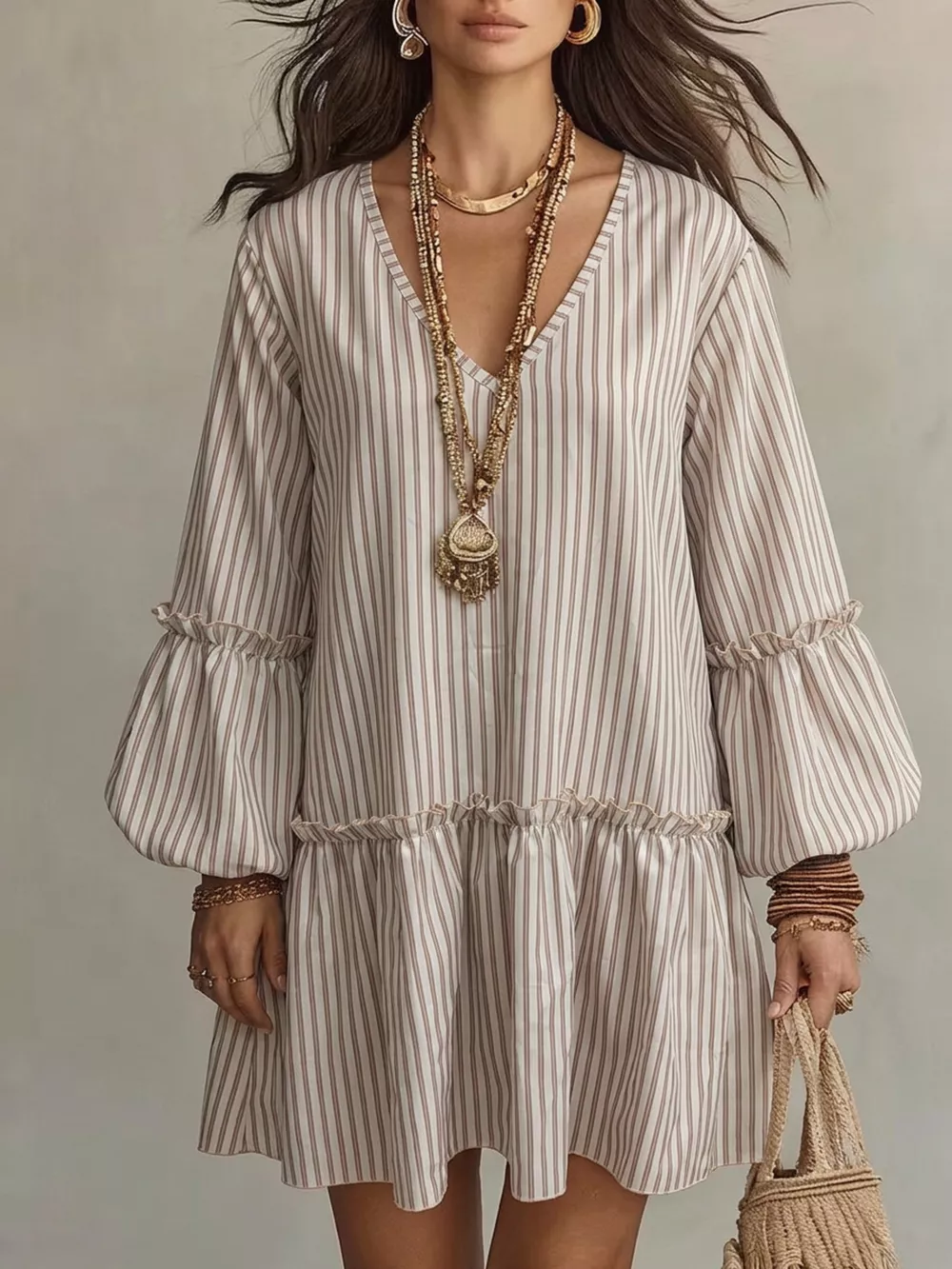 Full Size Striped Balloon Sleeve Mini Dress Plus Size, image 8