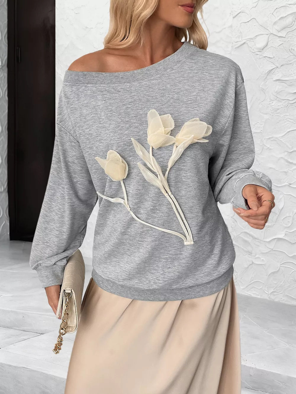 Floral Applique Boat Neck Sweatshirt