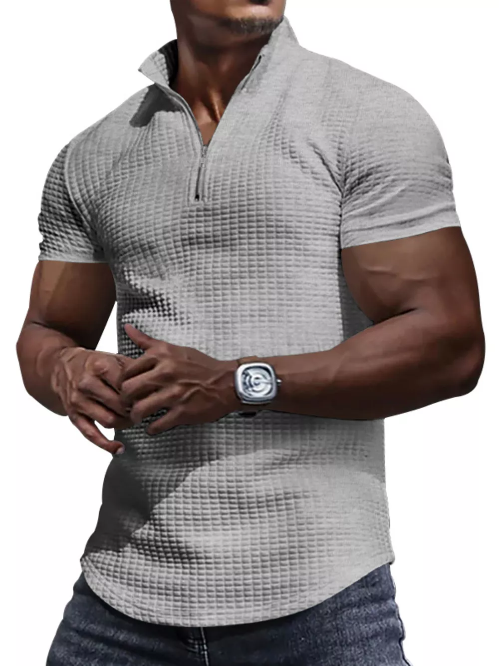 Men's Full Size Textured Short Sleeve Zipper Polo Plus Size, image 15