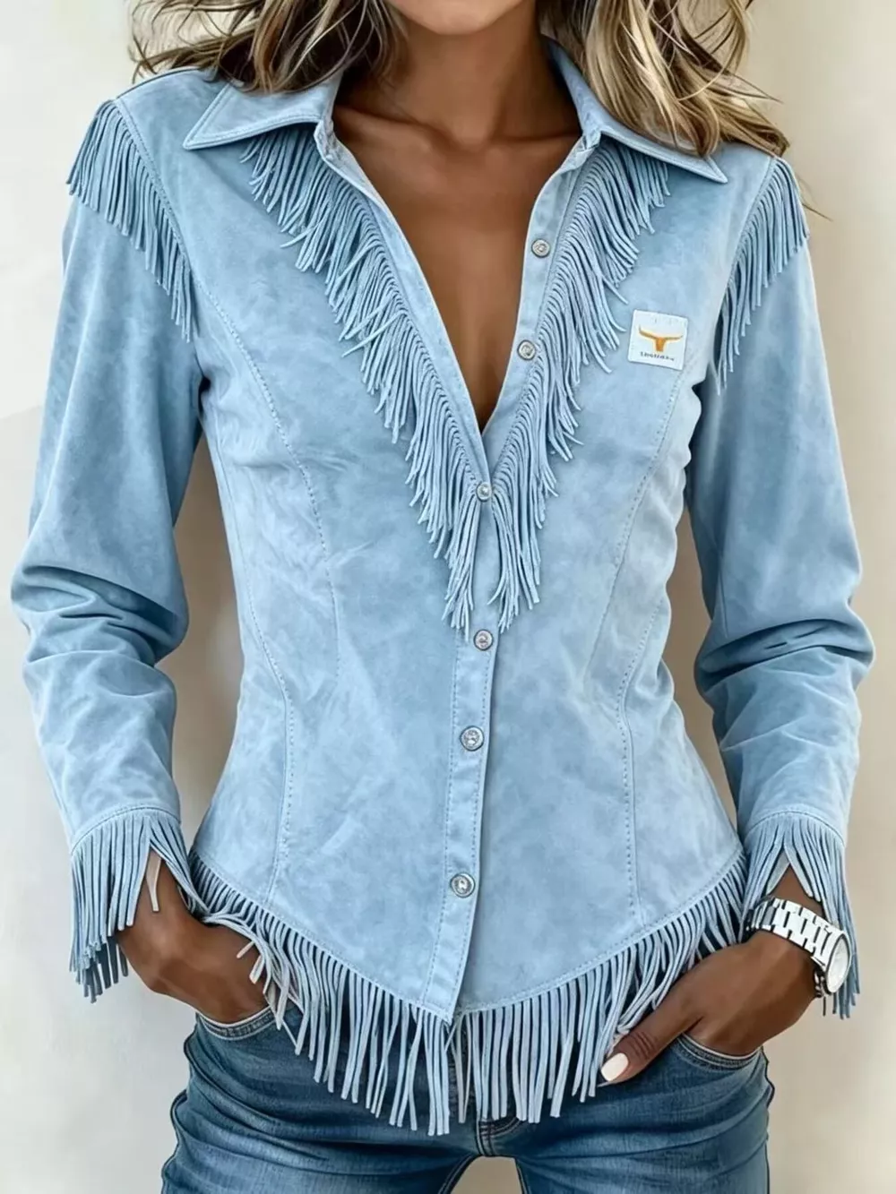 Full Size Fringed Collared Neck Shirt Plus Size, image 4