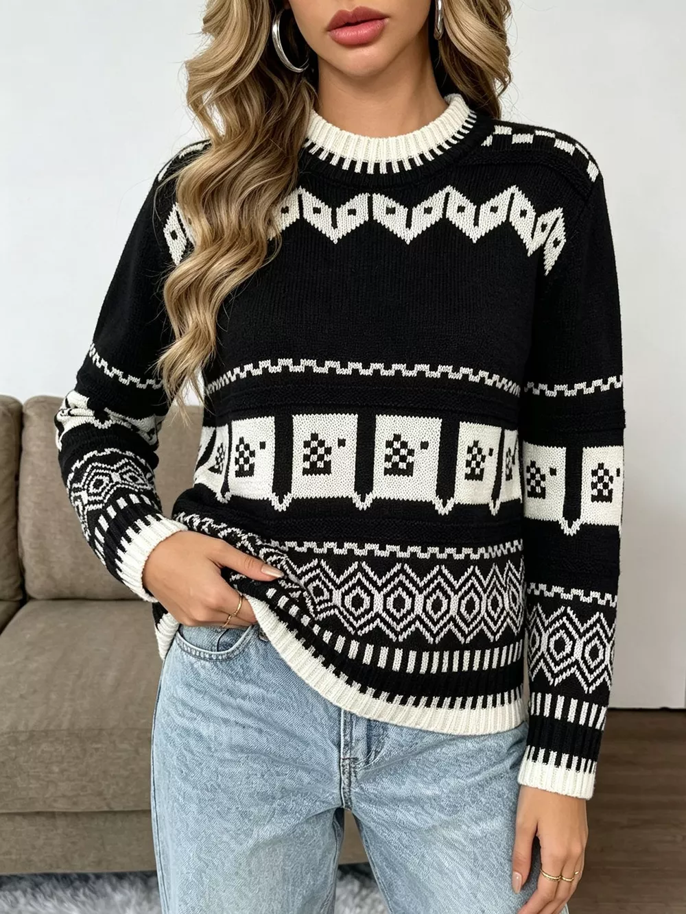Christmas Festive Fair Isle Patterned Crew Neck Sweater, image 8