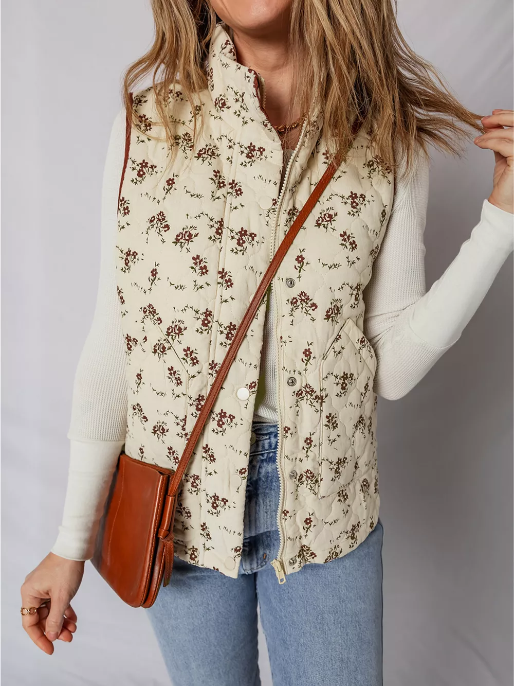 Floral Print Zip Up Quilted Vest, image 3