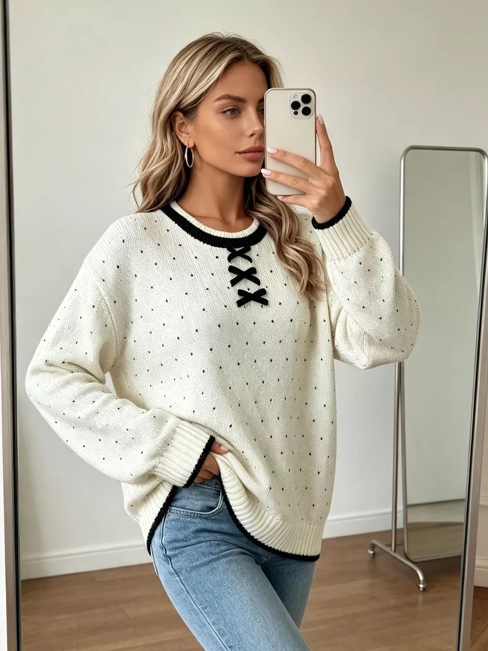 Polka Dot Lace-Up Detail Sweater, image 2