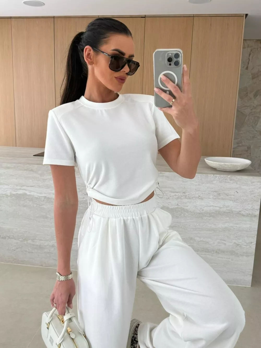 Drawstring Crop Top and Wide-Leg Pants Set, image 5