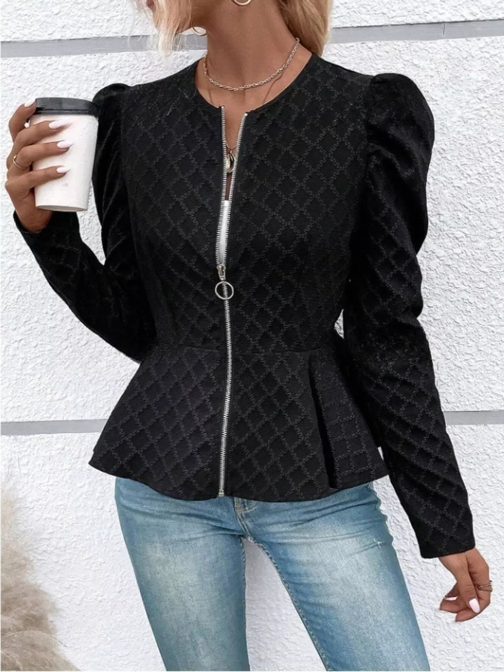Puff Sleeve Textured Jacquard Jacket, image 2
