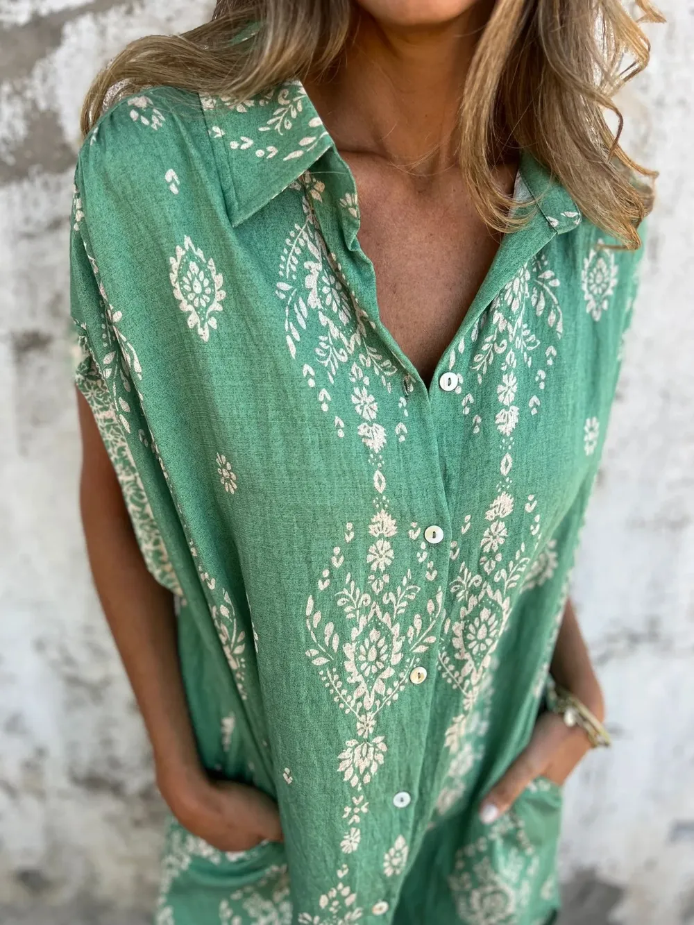 Full Size Printed Short Sleeve Button-Up Shirt Dress Plus Size, image 9