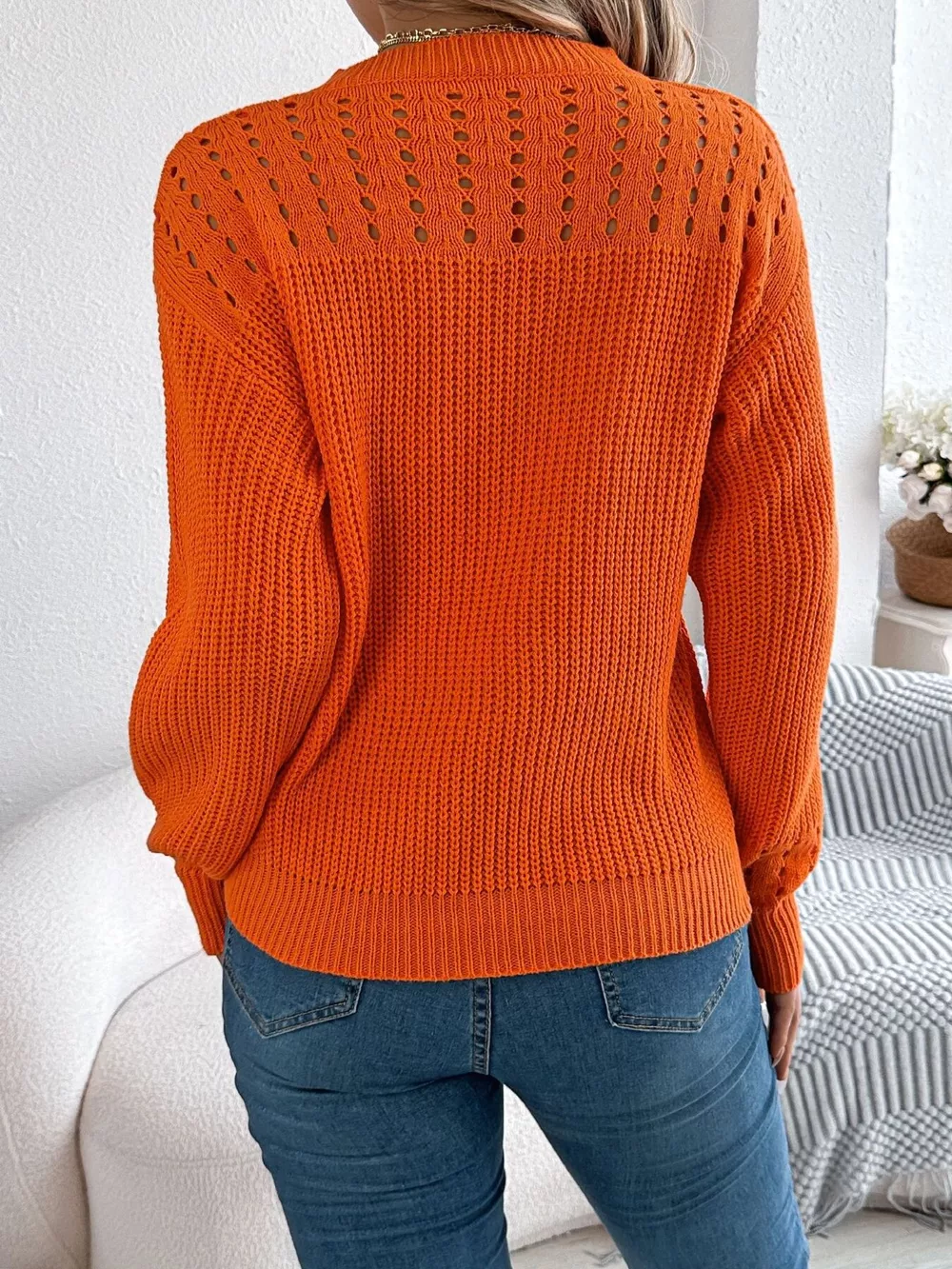 Openwork Round Neck Long Sleeve Sweater, image 7