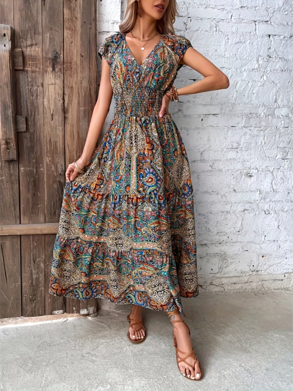 Printed V-Neck Cap Sleeve Dress, image 4