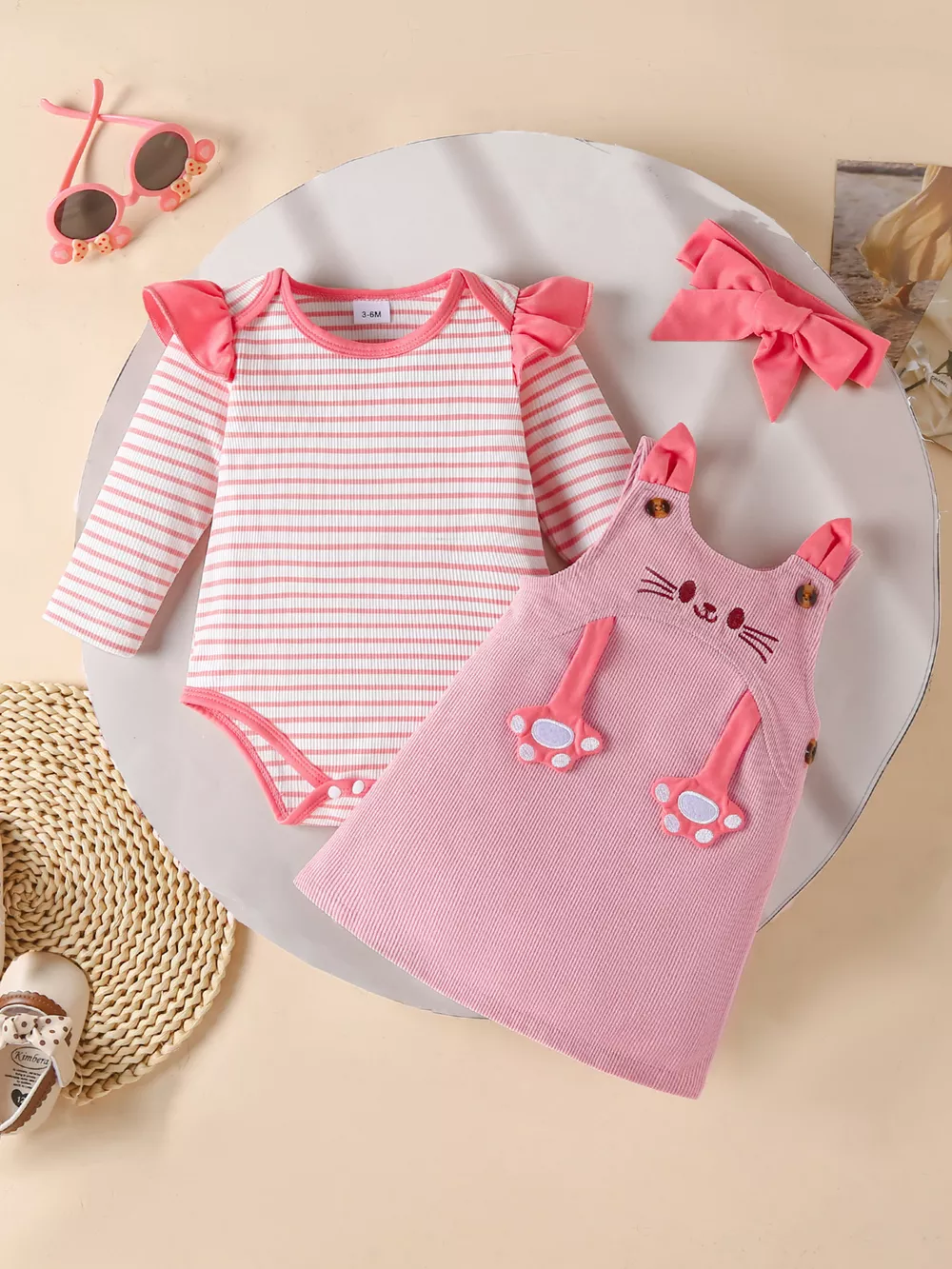 Children's Ruffled Trim Bodysuit and Dress Set with Headband, image 7