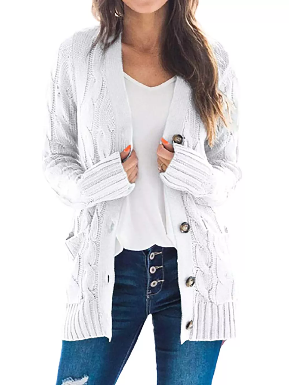 Full Size Chunky Cable Knit Button-Down Cardigan Plus Size, image 9