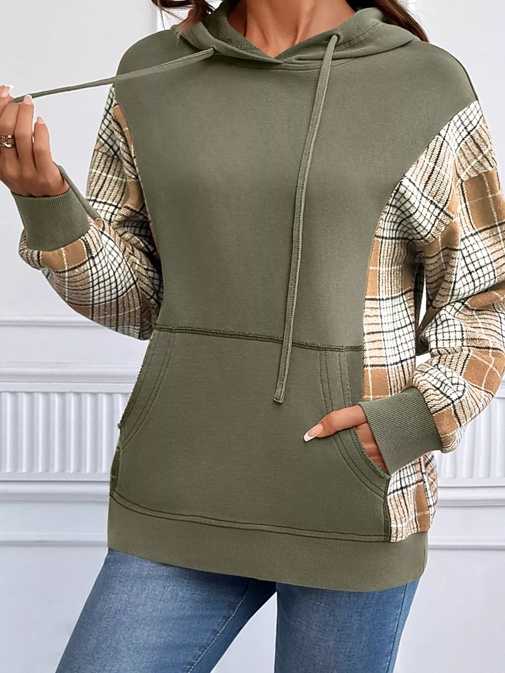 Plaid Sleeve Drawstring Pocket Hoodie, image 5
