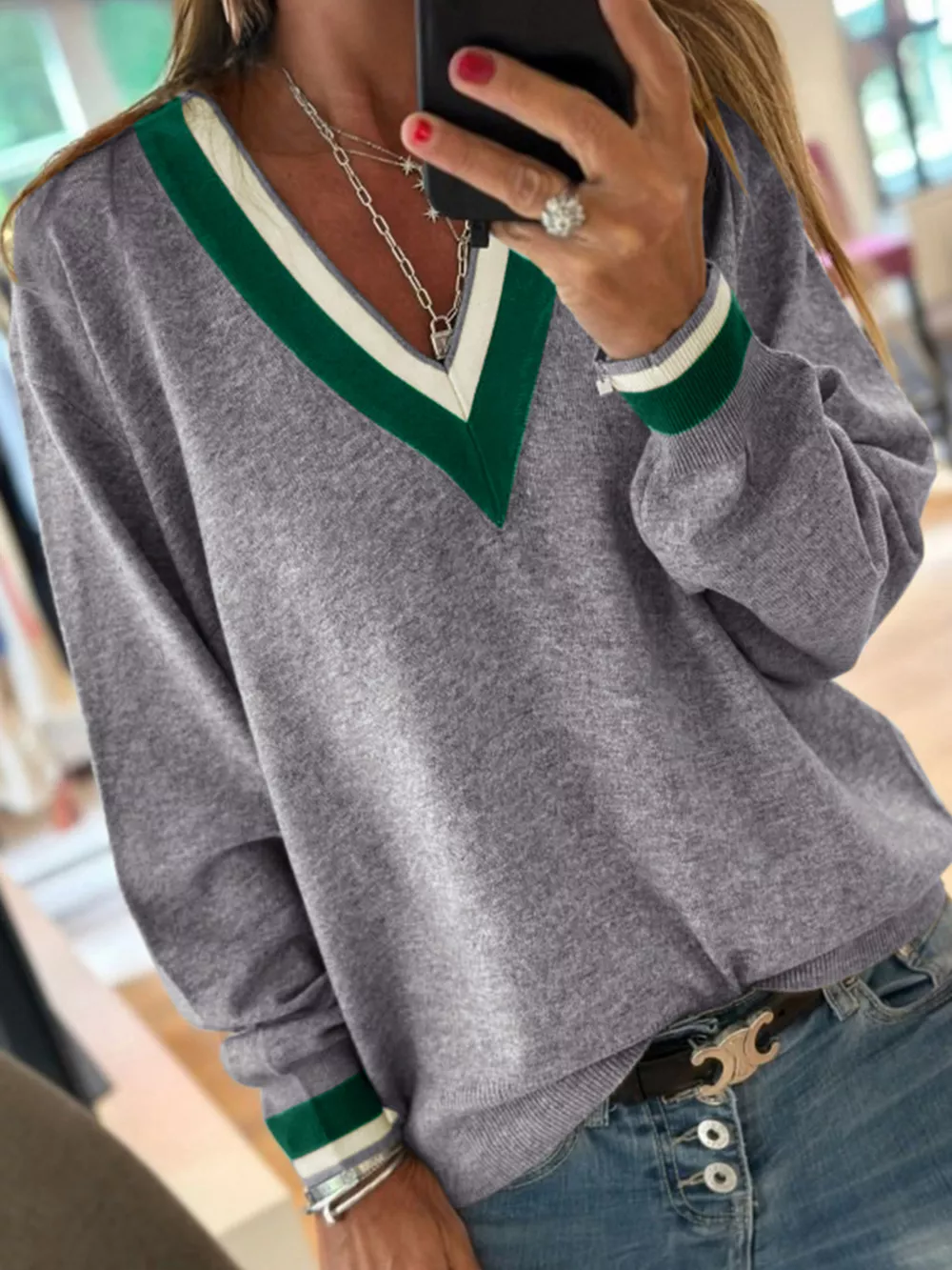 Contrast Striped Trim V Neck Varsity Sweater, image 9